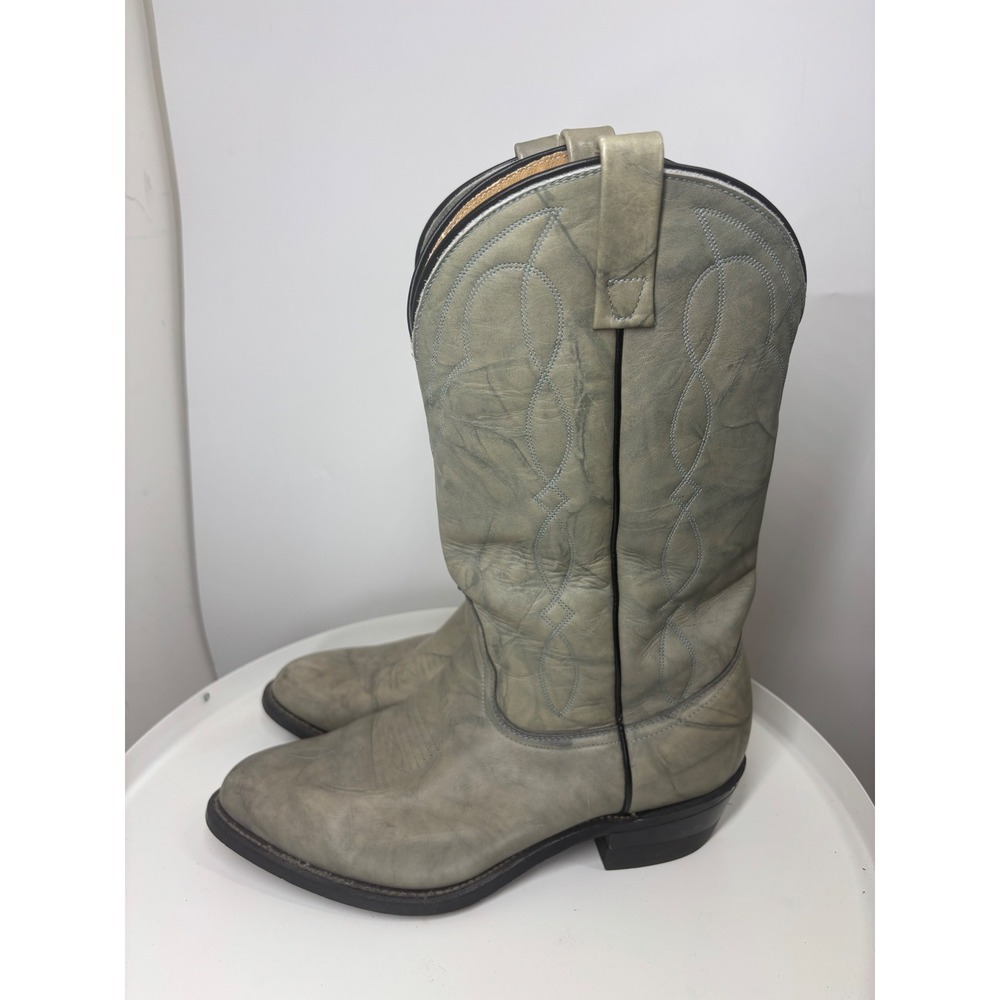 Vintage Distressed Sage Blue Leather Western Cowboy Boots Pointed Toe Pull On - Picture 2 of 5